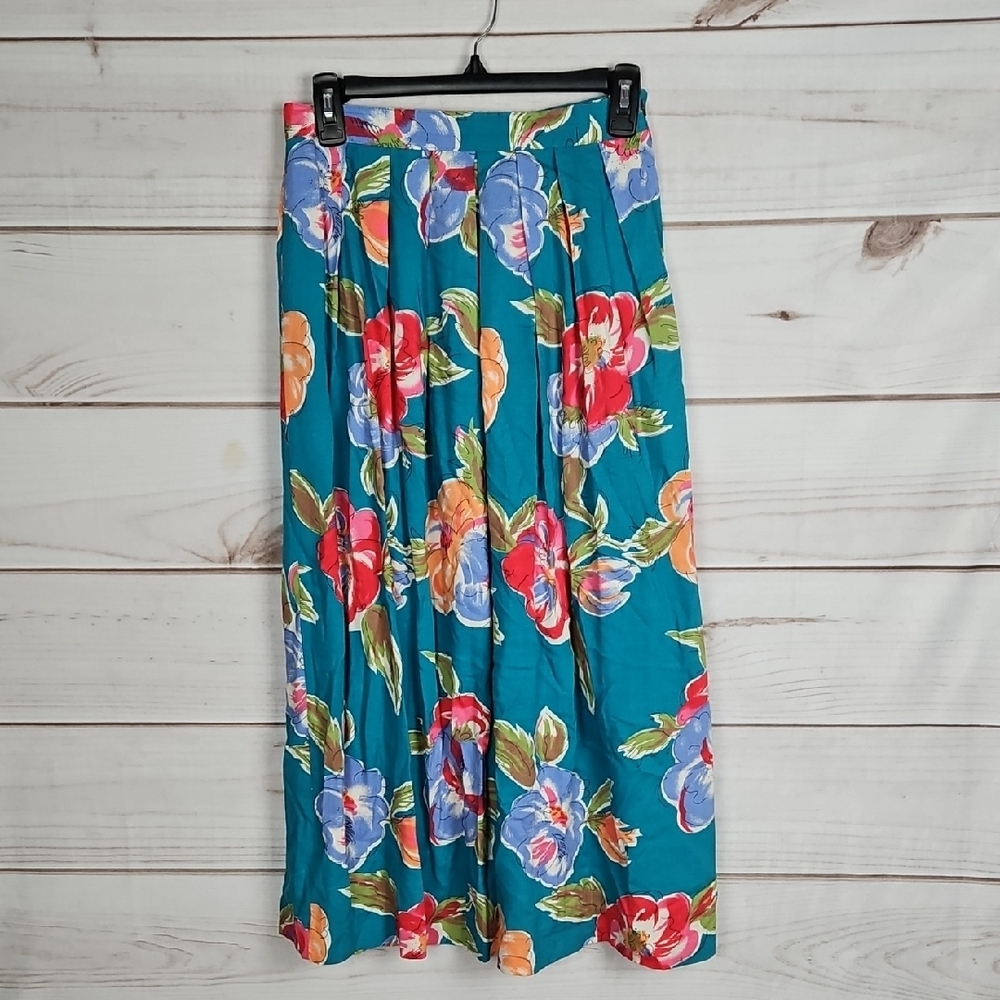 Vintage Glenora Tropical Floral Pleated  Midi Skirt - Size Small